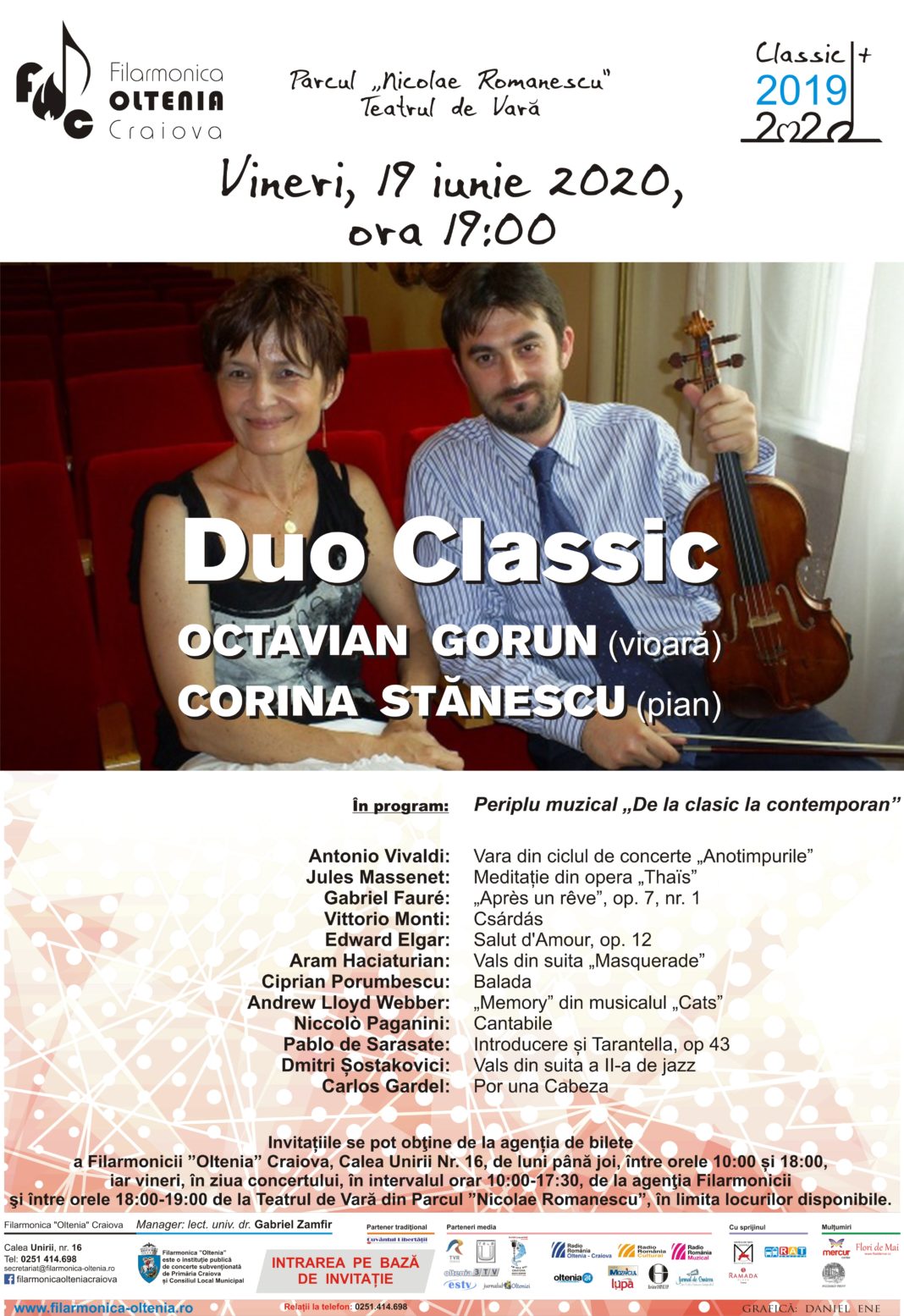 Violonistul Octavian Gorun și pianista Corina Stănescu vor susține un recital în aer liber