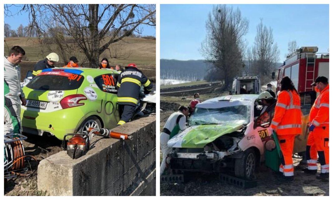 Accident grav la Raliul Brașovului. Mașina pilotată de echipajul bulgar a lovit un cap de pod și a ieșit în decor