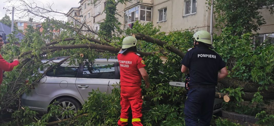 Pompierii craioveni au acționat în această după amiază degajarea unor copaci care au căzut pe câteva autoturisme, în urma rafalelor de vânt.