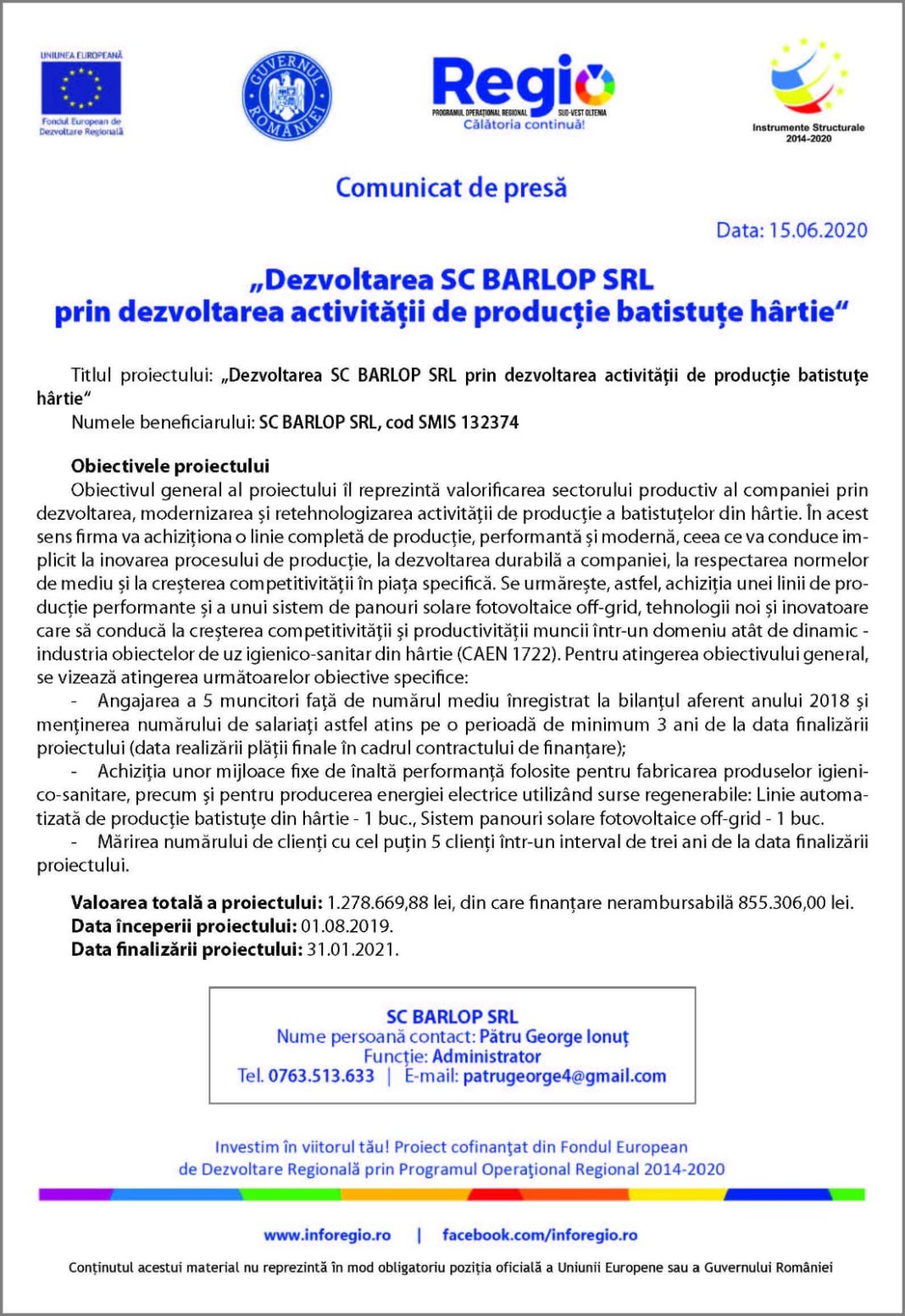 “Dezvoltarea SC BARLOP SRL prin dezvoltarea activitatii de productie batistute hartie”