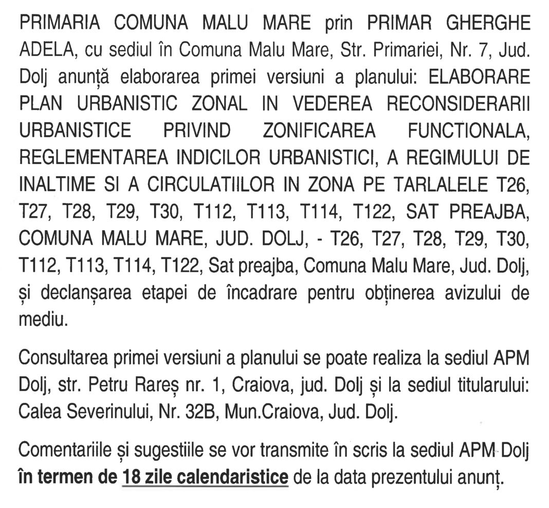 Anunţ urbanism Primăria Malu Mare