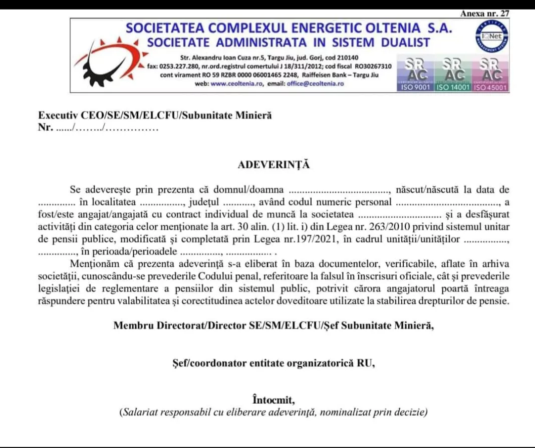 CEO a elaborat modelul de adeverință pentru pensionarea angajaților din producție