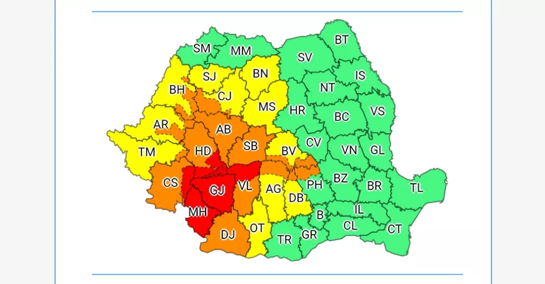 Cod Roșu de ploi abundente pentru județul Gorj