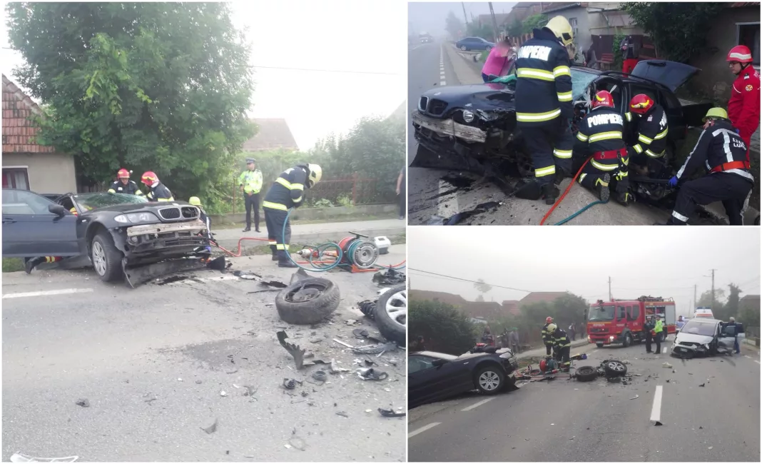 Accident grav cu 5 victime, după ce 3 maşini s-au ciocnit violent