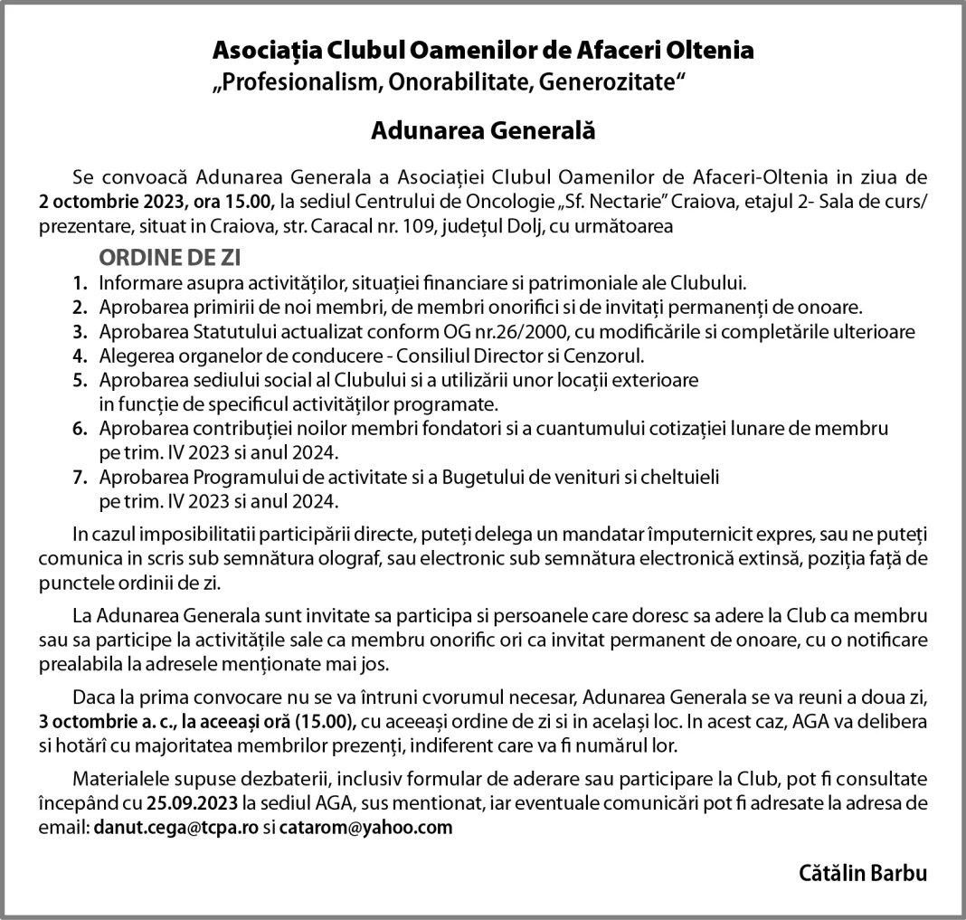 Adunarea Generală a Asociației Clubul Oamenilor de Afaceri-Oltenia