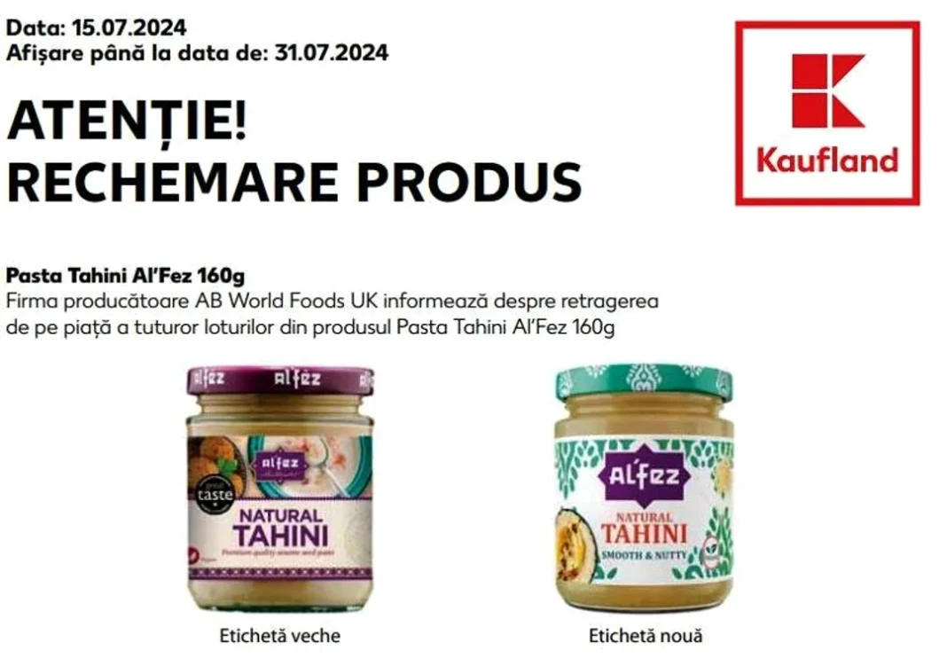 Kaufland retrage de la vânzare toate loturile din produsul Pasta Tahini Al’Fez