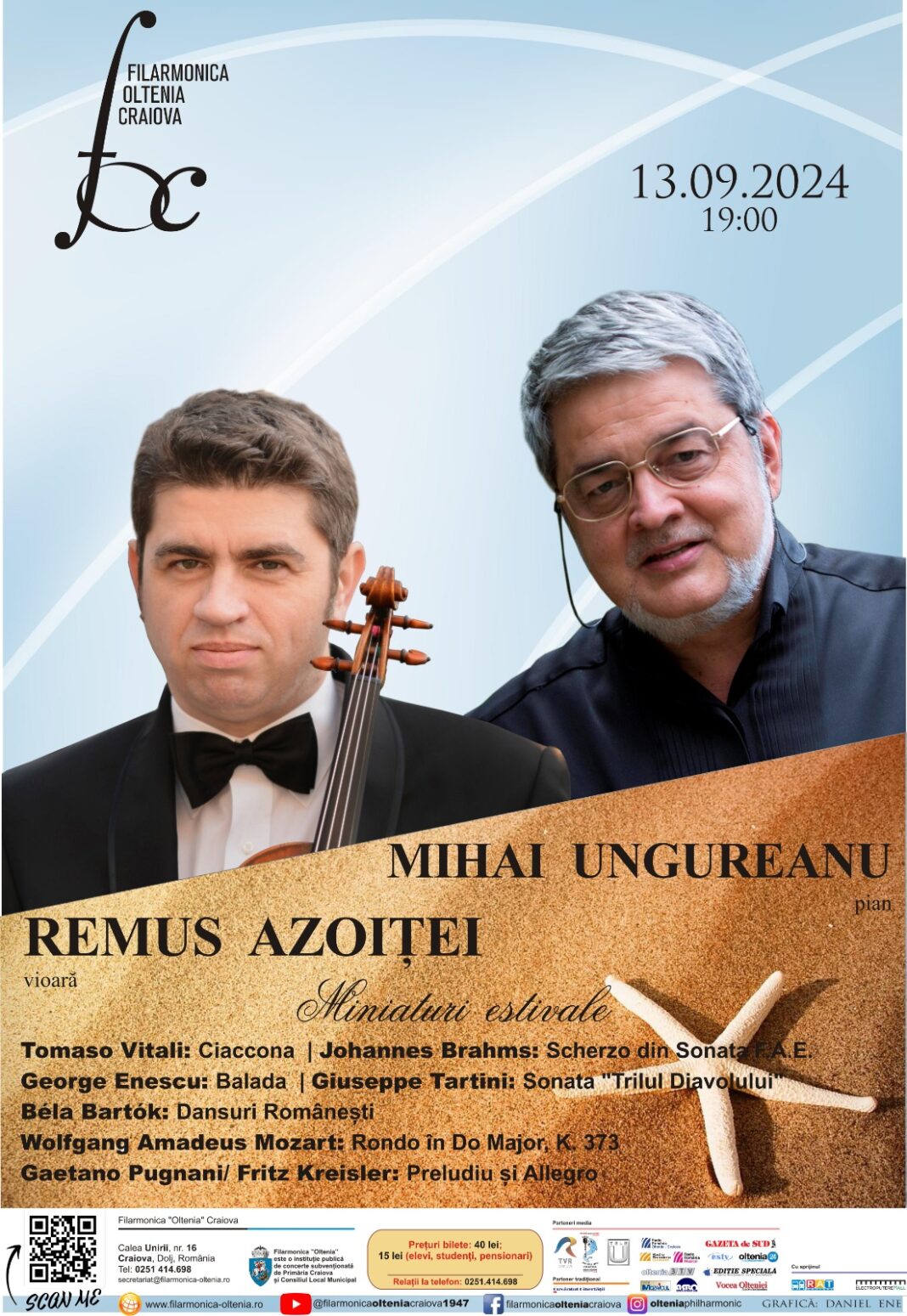 Reputații muzicieni Remus Azoiței (vioară) și Mihai Ungureanu (pian)