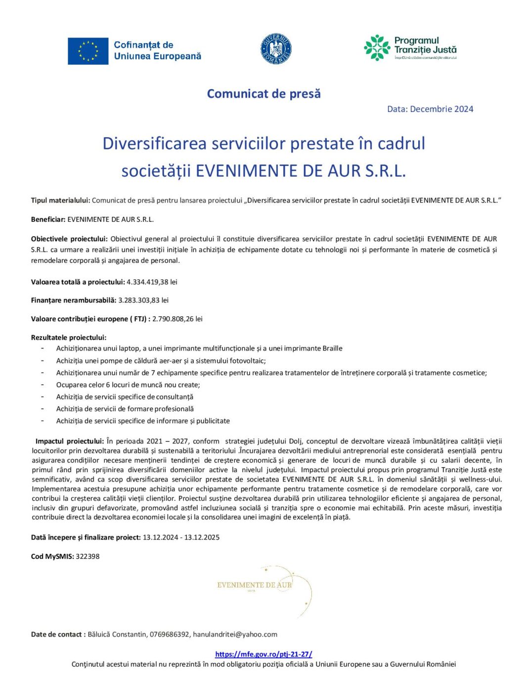 Diversificarea serviciilor prestate în cadrul societății EVENIMENTE DE AUR S.R.L.